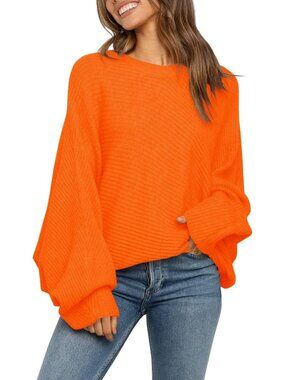 Women's Orange Knit Oversized Crewneck Batwing Puff Slouchy Pullover Sweater